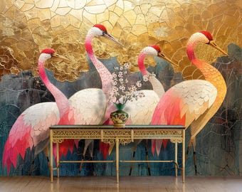 Gold Chinoiserie Wallpaper with Crane, Bird Wall Mural Peel and Stick, Mid Century Dark Removable Heron Wallpaper Non Woven, Chinese Decor