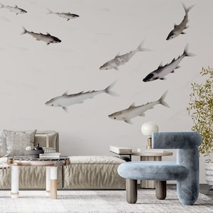 Large Fish Wallpaper Removable, Japanese Wallpaper Peel and Stick, Grey Fish Sea Wall Paper Dining Room, Nautical Wall Decor, Gift For Him
