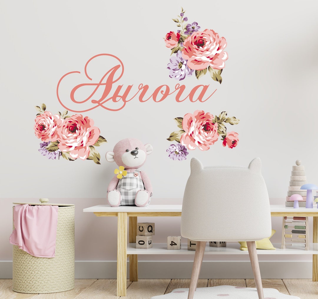 Girl Name Wall Stickers Nursery, Rose Peony Wall Decals Toddler Girl