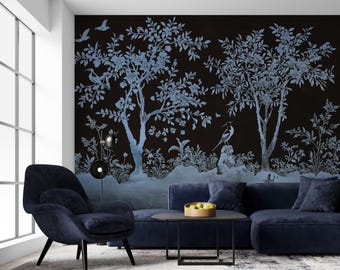 Black Asian Tree Wallpaper Removable, Dark Chinese Wallpaper Mural, Oriental Garden Wall Paper, Birds Wall Paper, Moody Accent Wall Decor