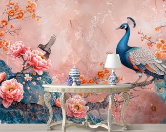 Pink Chinoiserie Wallpaper, Peacock Chinoiserie Wallpaper Mural, Peel and Stick Bird Wallpaper, Asian  Floral Blossom Wallpaper Dining Room