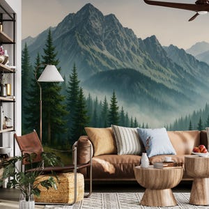 Woodland Wallpaper Mural Peel and Stick, Foggy Forest Wall Paper, Blue Mountain Wall Mural Bedroom, Landscape Nature Accent Wall Realistic image 3