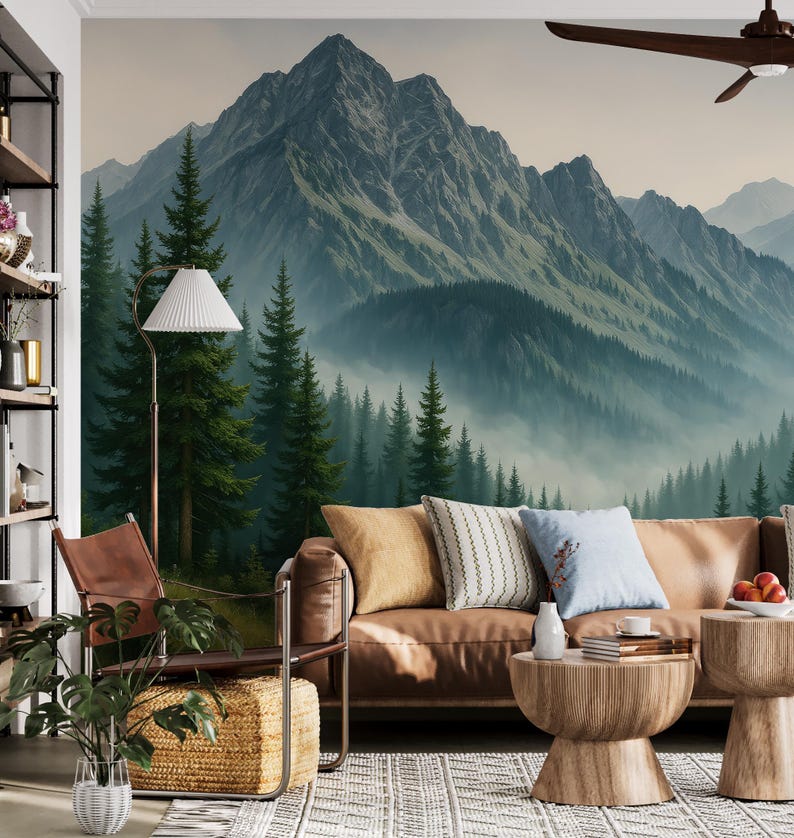 Woodland Wallpaper Mural Peel and Stick, Foggy Forest Wall Paper, Blue Mountain Wall Mural Bedroom, Landscape Nature Accent Wall Realistic image 3