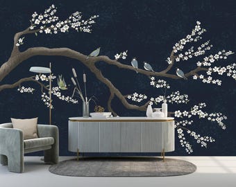 Dark Blue Chinoiserie Wallpaper Peel and Stick, Sakura Blossom Wallpaper Mural, Tree Wall Mural Removable, Non Woven Traditional Wallpaper