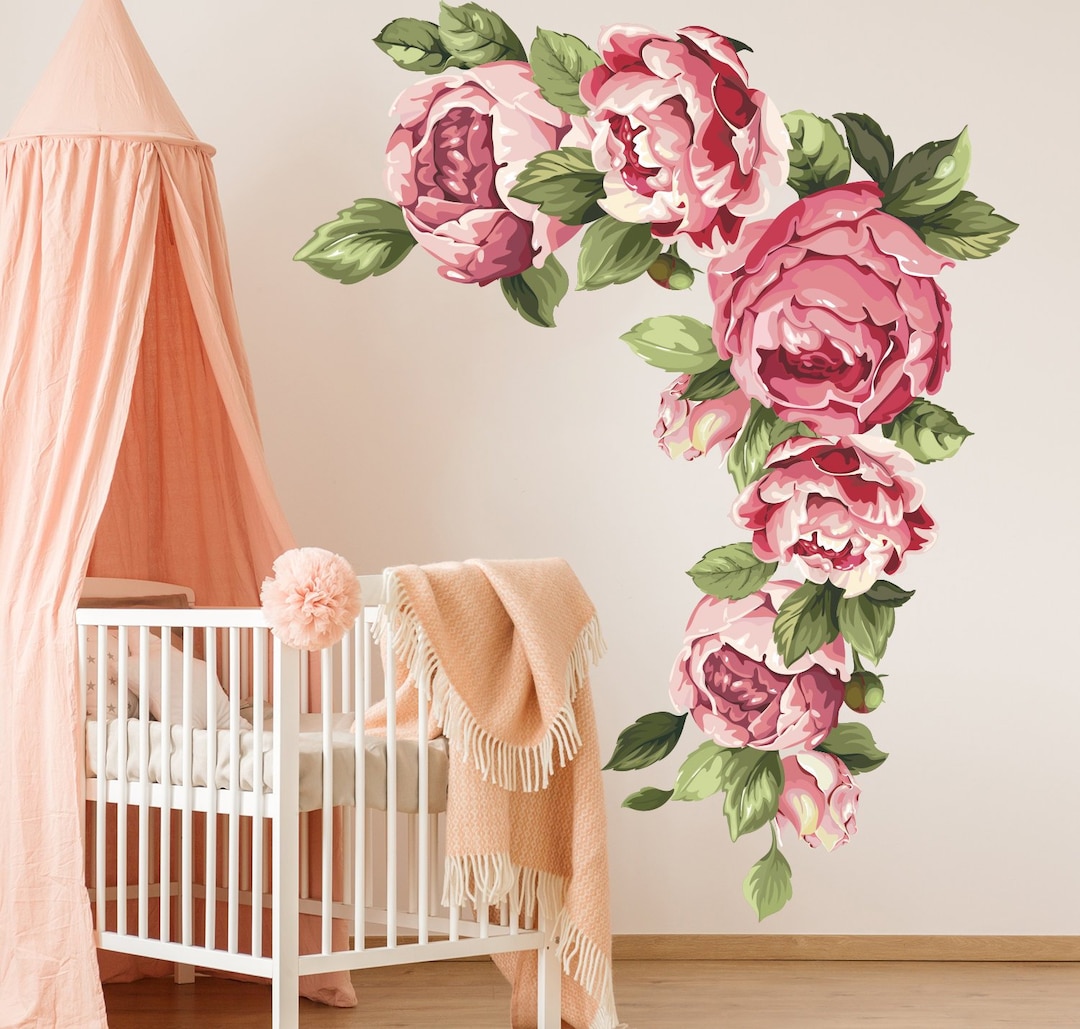 Peony Wall Decals Baby Girl Nursery, Pink Peony Flowers Sticker Bedroom ...