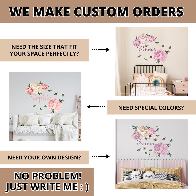 May include: A graphic design service advertises custom orders for wall decals. The ad shows three examples of floral designs with names, "Emma" and "Sophia", in pink and white. The ad text reads "We make custom orders. Need the size that fit your space perfectly? Need special colors? Need your own design? No problem! Just write me:)"