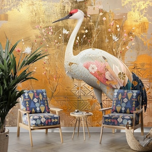 Large Crane Wallpaper Peel and Stick, Gold Chinoiserie Wallpaper Mural, Mid Century Wallpaper Style Bird Self Adhesive Vinyl Wallpaper Panel
