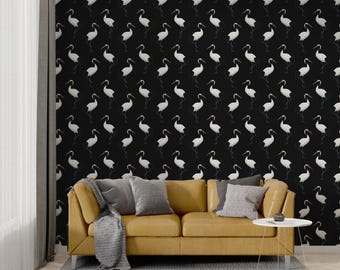 Japanese Crane Wallpaper Peel and Stick, Black Chinoiserie Wallpaper Mural, Mid Century Modern Wall Paper Traditional Non Woven Roll