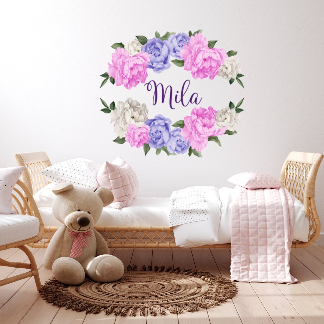 Sticker Bush Name Girl Name Wall Decal Nursery, Watercolor Peony Flower Decor Girl Room ...