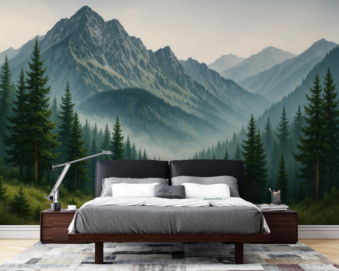 Woodland Wallpaper Mural Peel and Stick, Foggy Forest Wall Paper, Blue ...