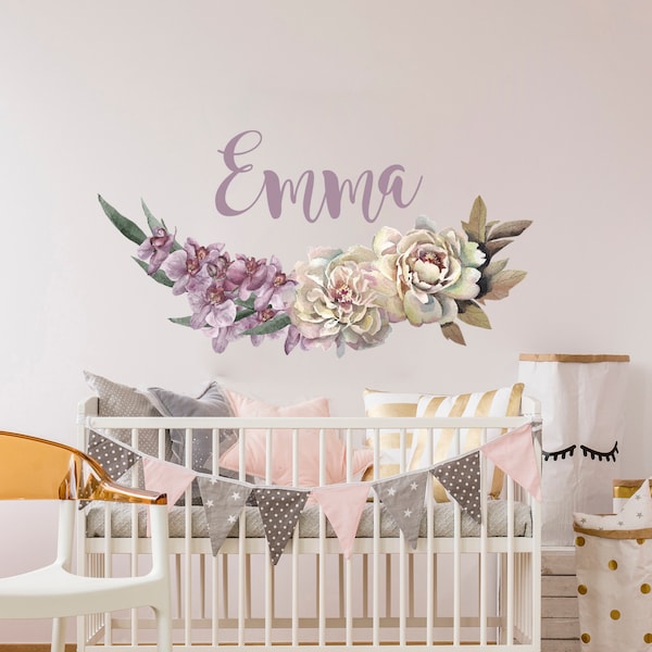 Girl Name Wall Decal Nursery, Toddler Girl Bedroom Floral Decor above Crib Bed, Watercolor Flowers Decor Kids, Playroom Children Decal