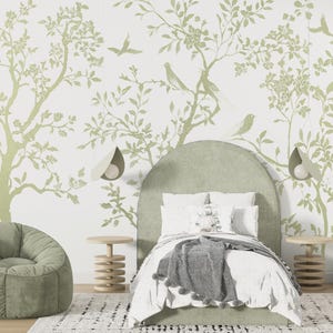Pastel  Chinoiserie Wallpaper Bedroom Peel and Stick, Green Chinese Wallpaper Blossom Tree Wall Mural, Bird Oriental Wall Paper Asian Print