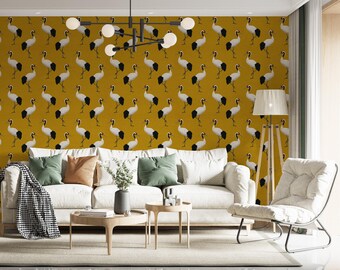 Mustard Yellow Wallpaper with Heron Pattern, Crane Bird Wallpaper Peel and Stick, Non Woven Wall Paper Roll Mid Century Chinoiserie Style