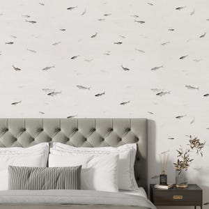 Fish Wallpaper Mural, Asian Wallpaper Peel and Stick, Sea Chinoiserie Wall Mural, Grey Fish Pattern Wall Paper Minimalism, Gift for Him