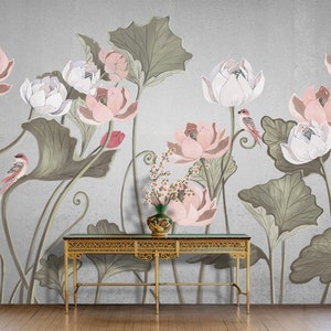 Papier peint chinoiseries aquarelle pastel, papier peint fleurs nénuphars amovible, papier peint floral rose gris rouleau