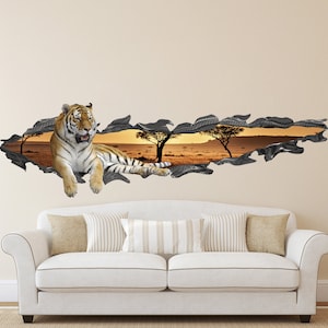 3D Effect Tiger Wall Decal, Safari Bedroom Decor, Africa Animal Wall Sticker, Large Tiger Mural Living Room, Hole in the Wall Decal VL54