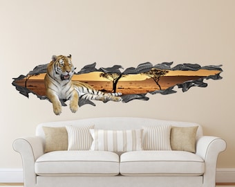 3D Effect Tiger Wall Decal, Safari Bedroom Decor, Africa Animal Wall Sticker, Large Tiger Mural Living Room, Hole in the Wall Decal VL54
