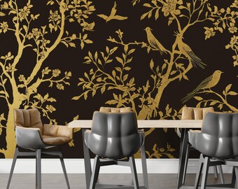 Dark Gold Chinoiserie Wallpaper Peel and Stick, Oriental Wallpaper Sakura Blossom Tree Wall Mural, Birds Wall Paper, Chinese Wall Print