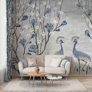 Chinese Crane Bird Wallpaper Peel and Stick, Japanese Garden Wall Mural Print Grey Blue Chinoiserie Wallpaper Accent Heron Korean Wall Paper