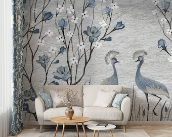 Chinese Crane Bird Wallpaper Peel and Stick, Japanese Garden Wall Mural Print Grey Blue Chinoiserie Wallpaper Accent Heron Korean Wall Paper