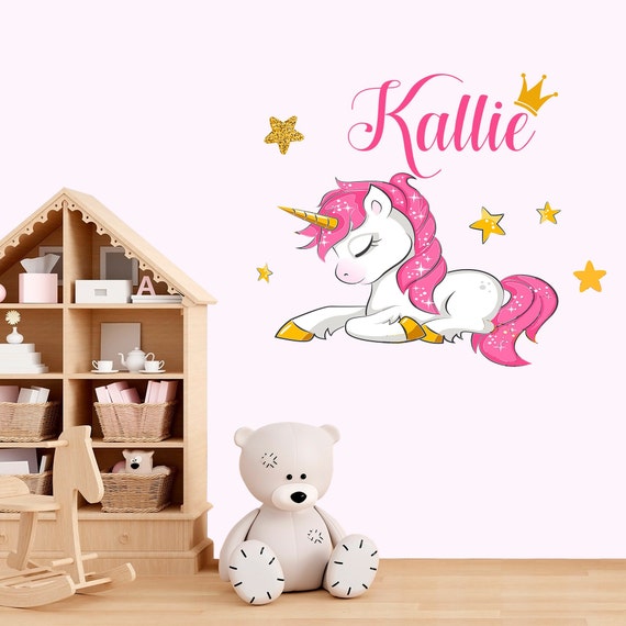 Gir Einhorn Kinderzimmer und Name Dekor, Mädchen Wandaufkleber, Krone Wandtattoo, Benutzerdefinierte Personalisierung Schlafzimmer Sterne Einhorn Wanddekoration