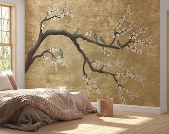 Gold Chinoiserie Wallpaper Peel and Stick, Sakura Blossom Wallpaper Mural,  Custom Printed Japanese Wallpaper Panel, Bird Wallpaper Accent