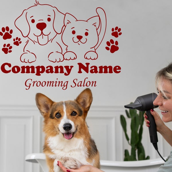 Grooming Salon Wall Decals, Personalized Company Name Dog Cat Wall Sticker, Grooming Custom Name  Vinyl Decal, Pet Shop Decoration