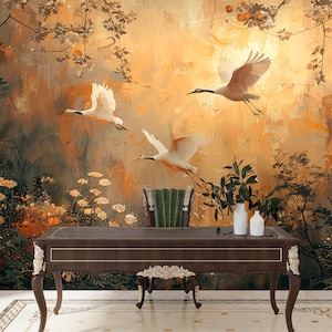 Carta da parati murale con motivo chinoiserie scuro, carta da parati con airone staccabile e attaccabile, carta da parati con accenti di uccelli gru cinesi, pannello di carta da parati con motivo chinoiserie dorato