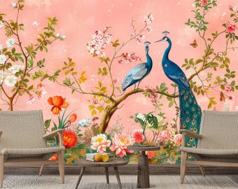 Peacock Wallpaper Chinoiserie Peel and Stick, Pink Chinoiserie Wallpaper Mural, Floral Garden Wallpaper Removable, Chinese Birds Wallpaper