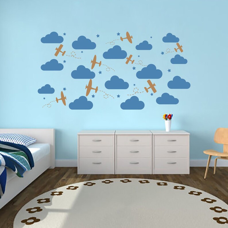 Airplane Wall Decal Clouds Wall Decal Baby Nursery Decal Etsy