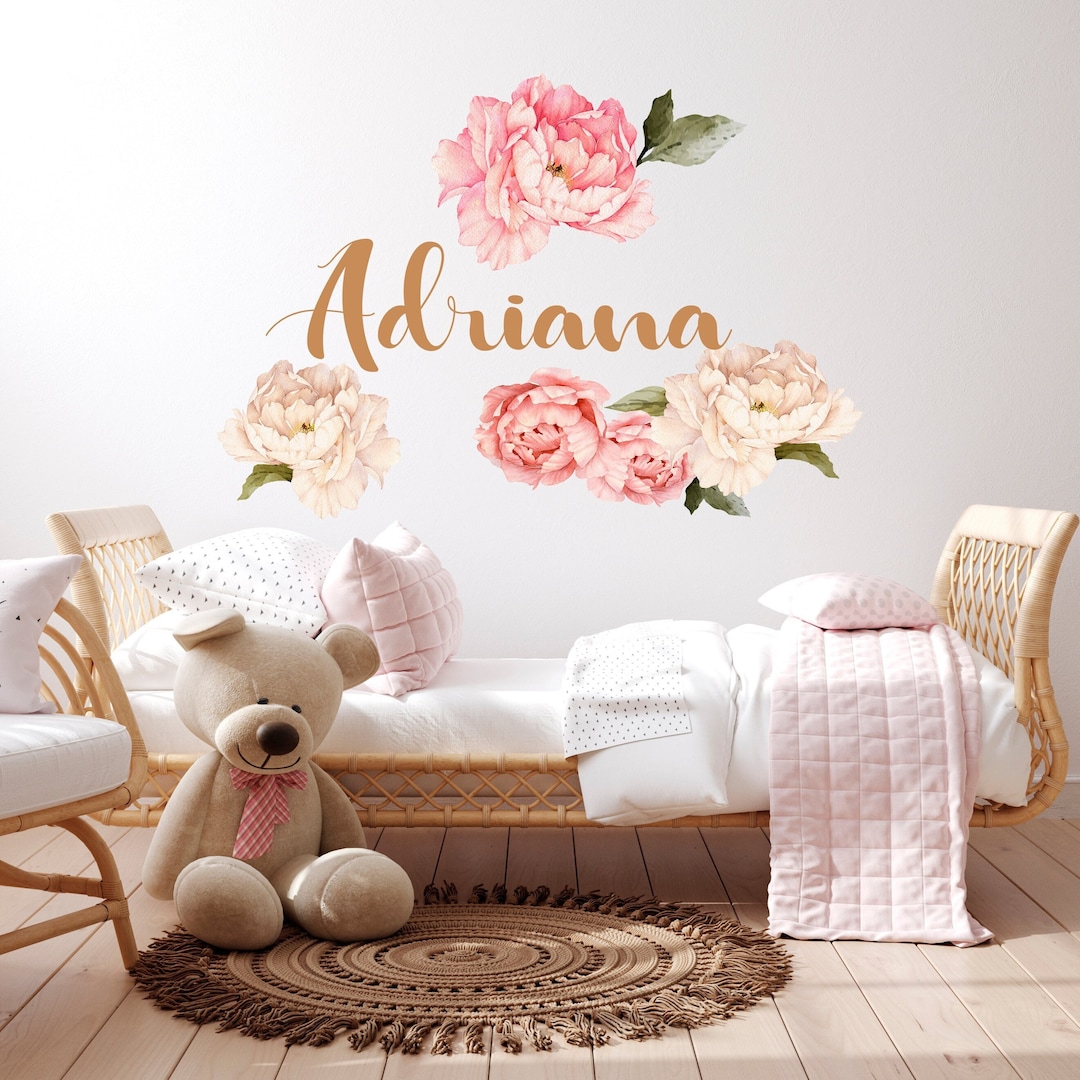 Custom Name Wall Decal Nursery, Peony Flower Wall Decal Baby Girl ...