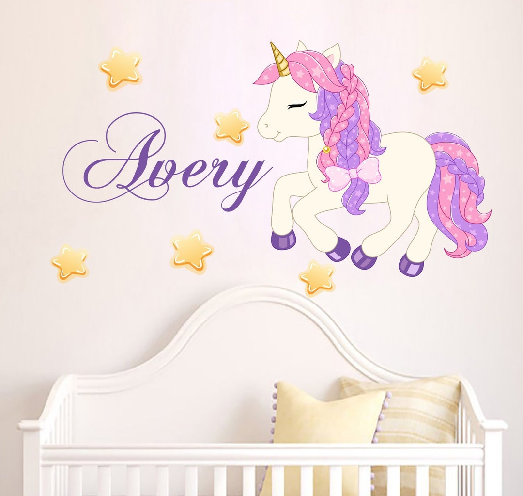 Unicorn Name Wall Decal Girl Nursery, Horse Stars Vinyl Decoration