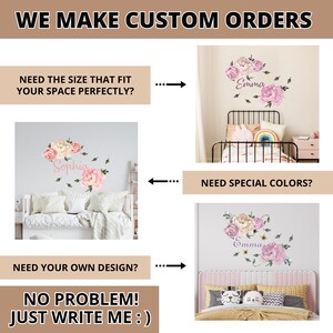 May include: A graphic design service offering custom wall decals with floral designs and personalized names. The image shows three examples of wall decals with different floral designs and names, including "Sophia", "Emma", and "Emma".