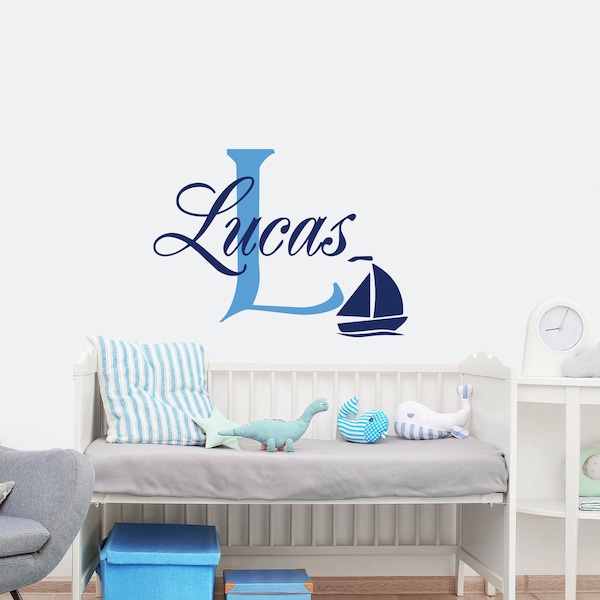 Boys Name Decal Nursery, Sailboat Vinyl Decal Kids, Nautical Bedroom Decor,  Personalize Monogram Letter Toddler Room, Initial Sticker S53