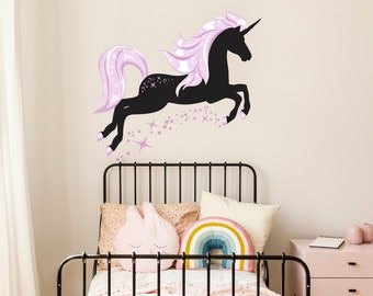 Unicorn Wall Decals Baby Girl Nursery, Personalize Unicorn Themed Bedroom, Kids PlayRoom Wall Sticker, Black and Pink Unicorn Sticker S184