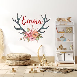 Personalized Baby Girl NameVinyl Wall Decal Nursery / Deer Antler Horns with Flowers Sticker Kids / Custom Rustic Style Decor Bedroom S153