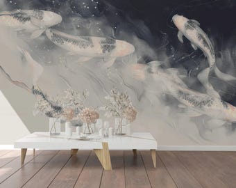 Large Koi Fish Wallpaper Mural, Personalize Chinoiserie Wallpaper Peel and Stick, Dark Nature Unpasted Wall Paper Non Woven Bedroom Accent
