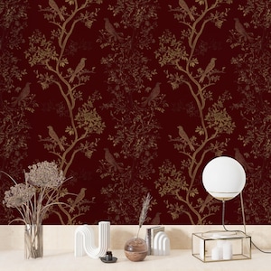 Abnehmbare Tapete mit Baum und rotem Chinoiserie-Tapetenmuster