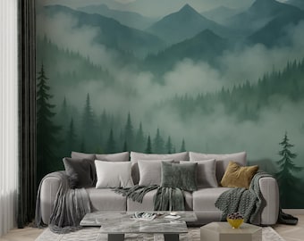Blue Mountain Landscape Wall Mural, Woodland Wallpaper Peel and Stick, Foggy Forest Wall Paper Bedroom, Nature, Tree Accent Wall Realistic