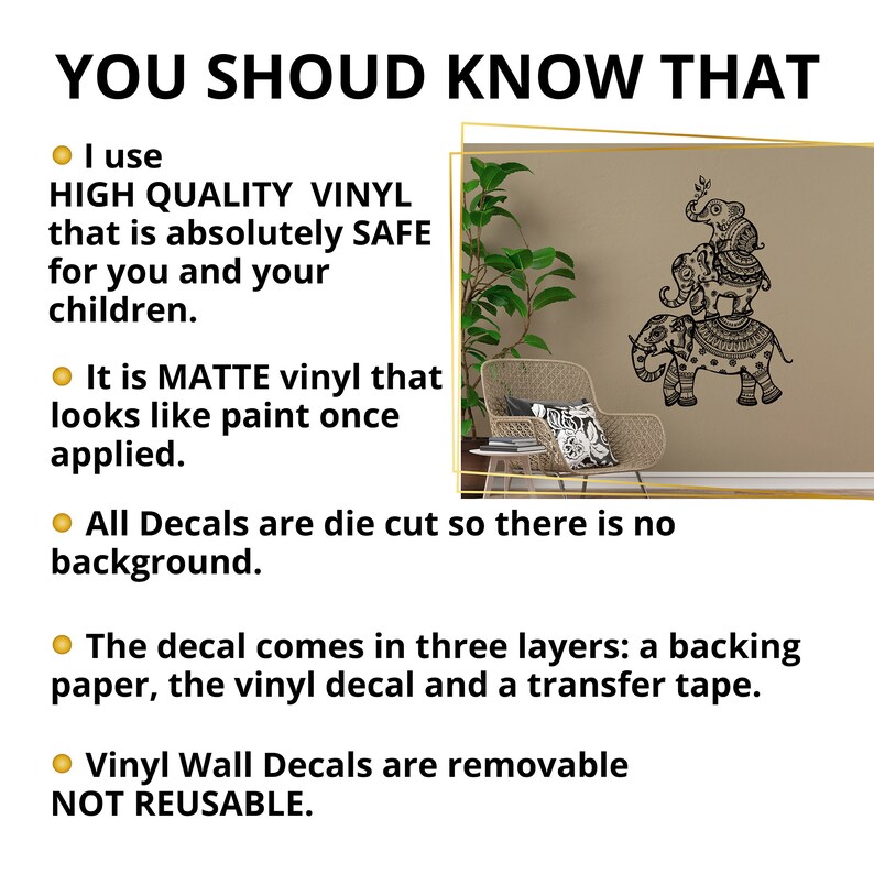 May include: A graphic with text that reads "YOU SHOULD KNOW THAT" and four bullet points describing the features of a vinyl decal. The bullet points state that the decal is made of high quality vinyl, is matte, is die cut, and comes in three layers. The image also shows a decorative elephant decal on a wall.