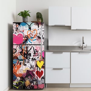 Love Fridge Wrap Vinyl, Colorful Graffiti Style Refrigerator Wraps, Heart Door Cover Decal, Moody Mini Fridge Door Film Sticker Abstract