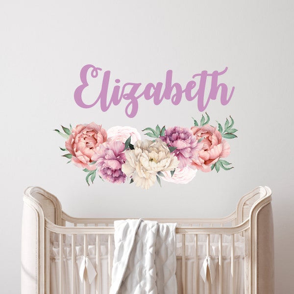 Name Wall Stickers Baby Girl Nursery, Pink White Purple Peony Wall Decal, Toddler Girl Bedroom Stickers, Floral Accent Above Crib Bed