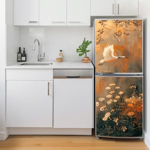 Birds Refrigerator Wraps Vinyl. Heron Crane Refrigerator Decal Removable. Boho Appliance Wrap. Fridge Wrap Floral. Door Cover Fridge Sticker