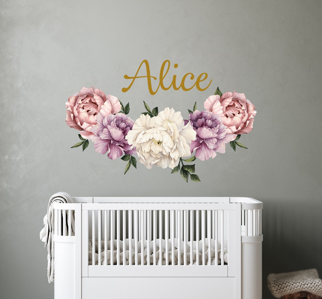 Custom Name Wall Decal Baby Girl Bedroom, Large Peony Decor Nursery ...