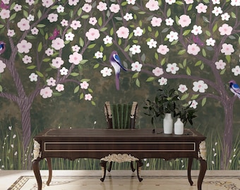 Green Floral Wallpaper Peel and Stick, Dark Chinoiserie Wallpaper Mural Removable, Large Tree Birds  Wallpaper Non Woven, Asian Wall Paper