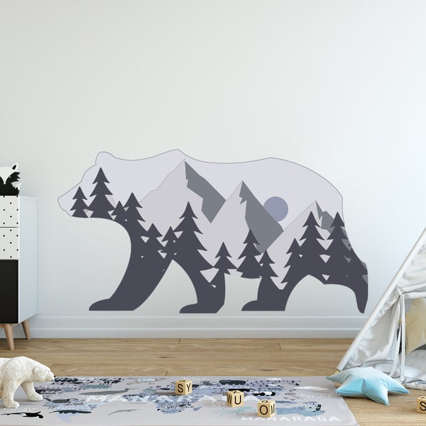 Large Woodland Bear Wall Decal Boy Nursery, Man Cave Wall Sticker Peel and Stick, Grey Ombre Mountains Decal PlayRoom, Animal Decor Toy Box