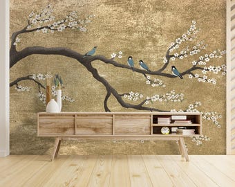 Gold Chinoiserie Wallpaper Peel and Stick, Sakura Blossom Wallpaper Mural,  Custom Printed Japanese Wallpaper Panel, Bird Wallpaper Accent