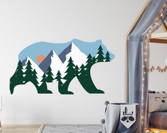 Forest Bear Wall Decal Boy Nursery, Woodland Man Cave Wall Sticker Peel and Stick, Mountains Decal Boy Play Room, Animal Decor Kids Room