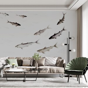Large Fish Wallpaper Mural, Asian Wallpaper Peel and Stick, Grey Fish Sea Wall Paper Dining Room, Nautical Animal Wall Decor, Gift For Him