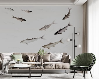 Large Fish Wallpaper Mural, Asian Wallpaper Peel and Stick, Grey Fish Sea Wall Paper Dining Room, Nautical Animal Wall Decor, Gift For Him